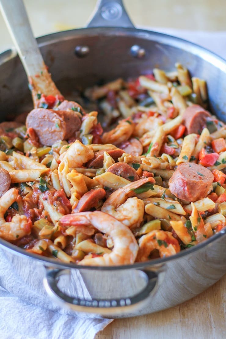 One Pot Shrimp Gumbo Pasta | TheRoastedRoot.net #dinner #recipe #glutenfree