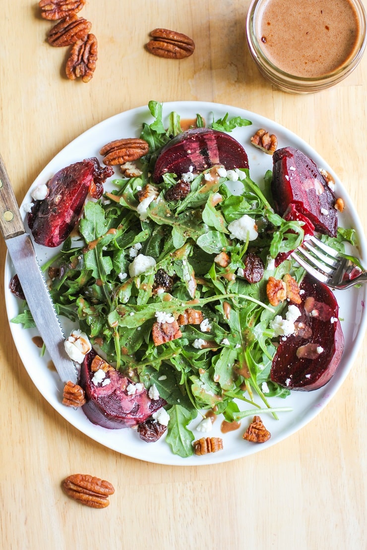 Roasted Beet Salad with Goat Cheese, Arugula, Pecans, dried cranberries and balsamic vinaigrette