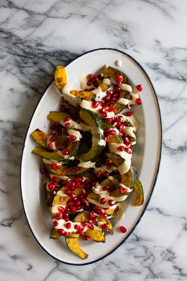 Roasted Kabocha Squash with Pomegranate and Tahini #glutenfree #Thanksgiving