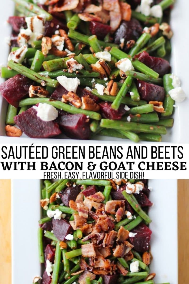 Sautéed Green Beans and Beets with bacon, pecans, goat cheese, and balsamic reduction is a wildly flavorful and nutrient-dense side dish perfect for sharing over the holidays!