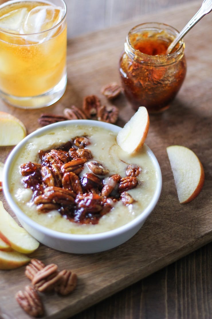 Baked Brie with Boozy Fig-Candied Pecans - a mouth-watering appetizer | TheRoastedRoot,net #holiday #glutenfree #cheese #dip