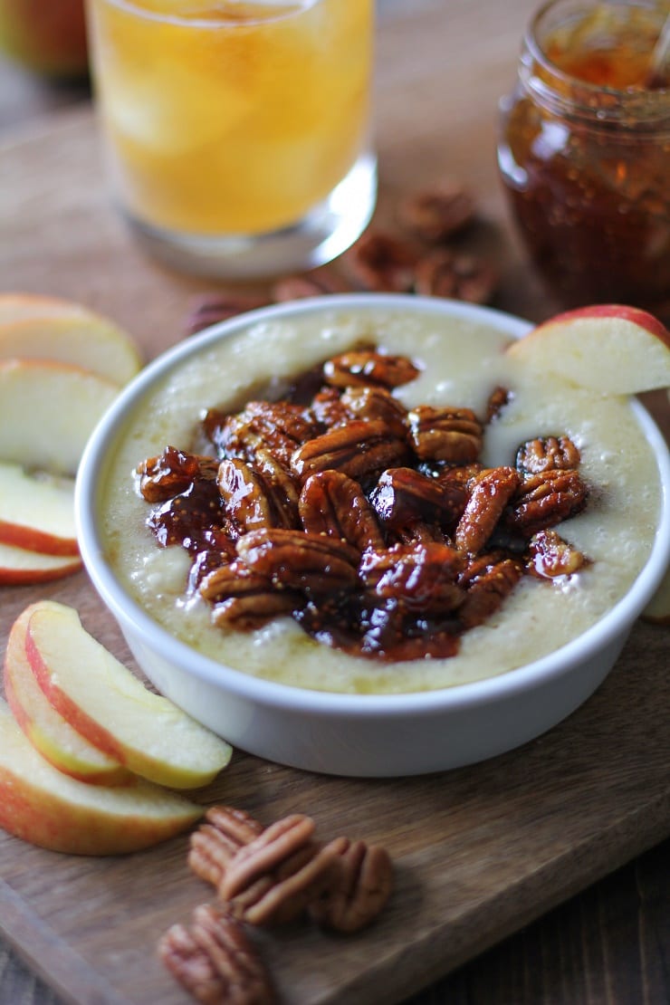 Baked Brie with Boozy Fig-Candied Pecans - a mouth-watering appetizer | TheRoastedRoot,net #holiday #glutenfree #cheese #dip