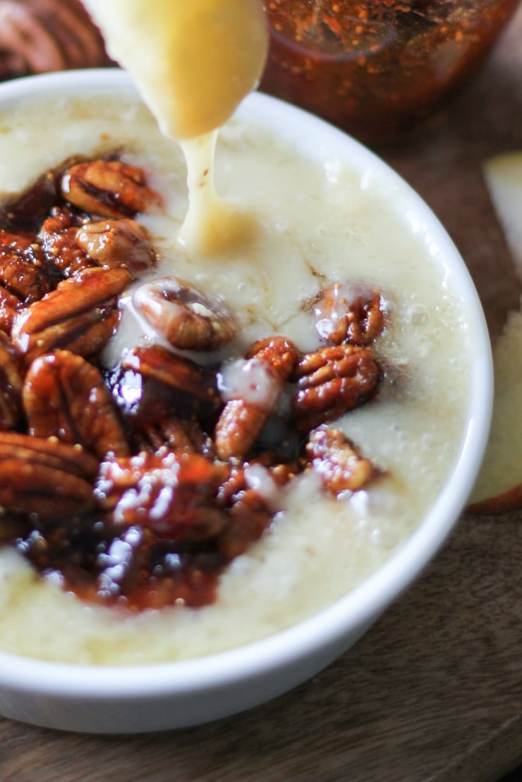 Baked Brie with Boozy Fig-Candied Pecans - a mouth-watering appetizer | TheRoastedRoot,net #holiday #glutenfree #cheese #dip 