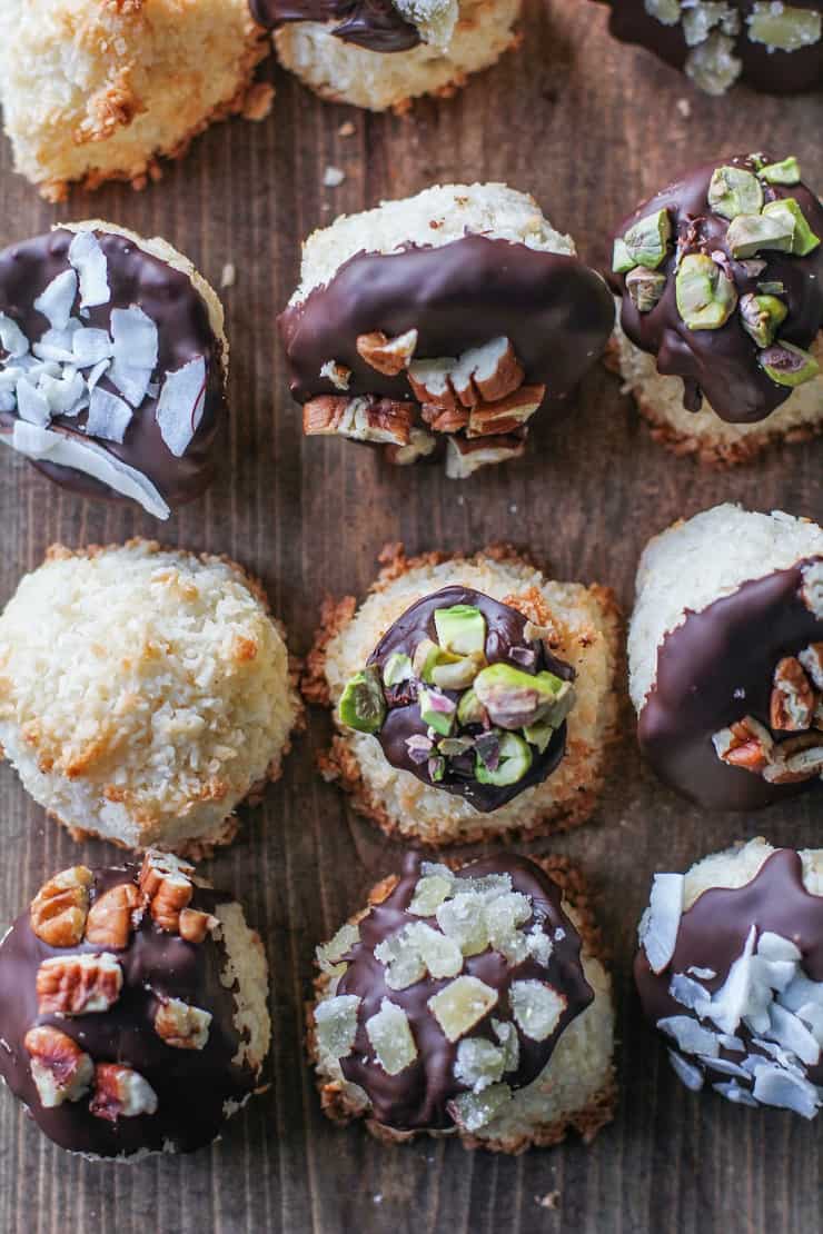 Chocolate-Dipped Coconut Macaroons - a healthy treat that's refined sugar-free, grain-free, and paleo!