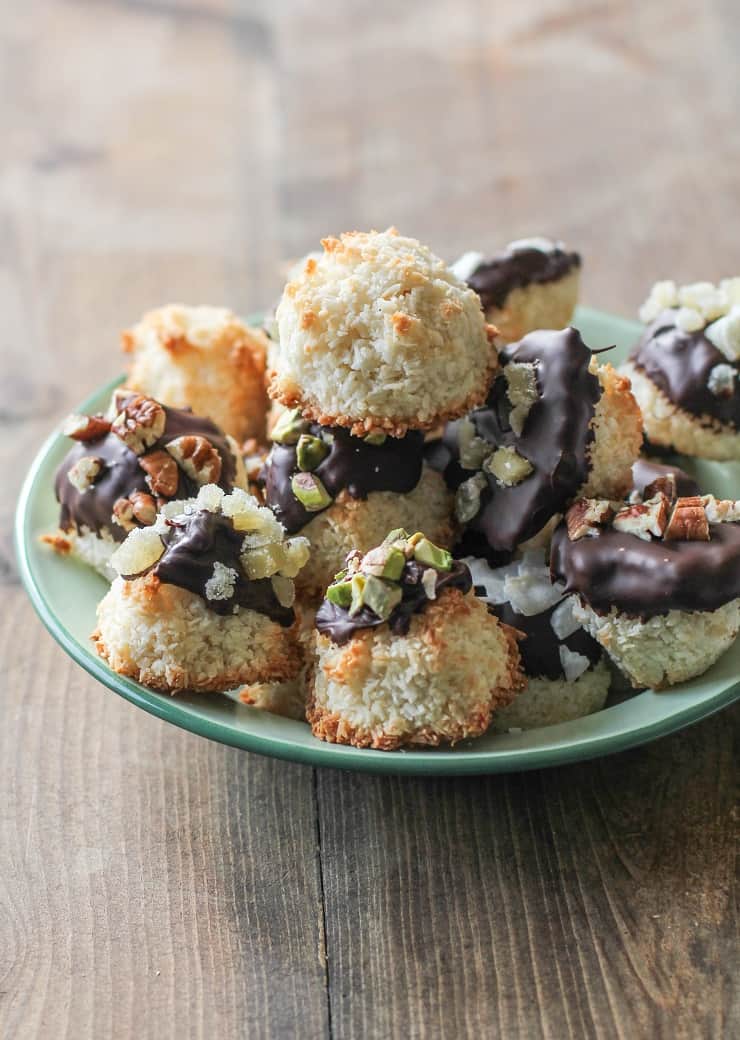 Chocolate-Dipped Coconut Macaroons - a healthy treat that's refined sugar-free, grain-free, and paleo!