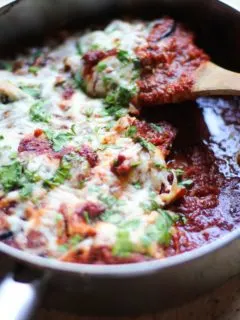 Gluten-Free Eggplant Parmesan made quick and easy in a skillet