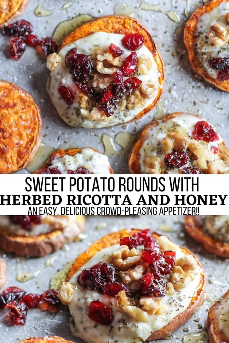 Sweet Potato Rounds with Herbed Ricotta, walnuts, cranberries, and honey are a winning appetizer for any occasion! This easy two-bite finger food is loaded with flavor and is so fun to make and share!