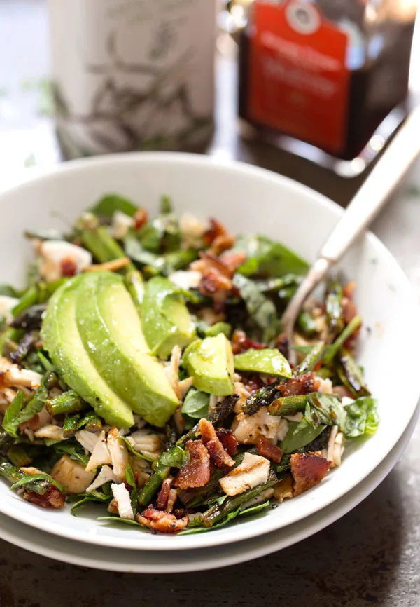 Chicken Bacon Avocado Salad with Roasted Asparagus from Pinch of Yum