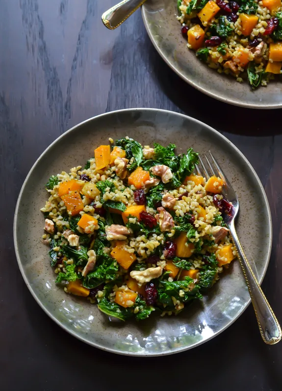 Maple Roasted Butternut Squash Salad with Freekeh and Kale from The Law Student’s Wife