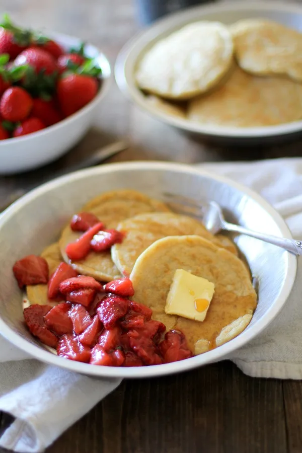 Overnight Yeast Pancakes with Strawberry Topping - gluten free and sugar free! @redstaryeast @roastedroot