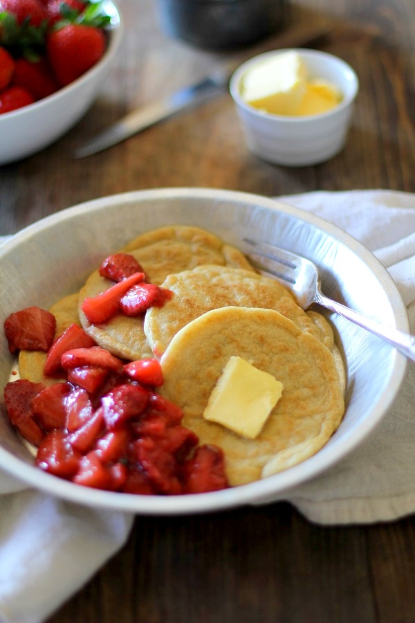 Overnight Yeast Pancakes with Strawberry Topping - gluten free and sugar free! @redstaryeast @roastedroot