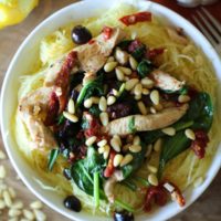 Greek-Style Spaghetti Squash with Chicken, Spinach, Kalamata Olives, and Sun-Dried Tomatoes