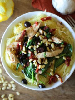 Greek-Style Spaghetti Squash with Chicken, Spinach, Kalamata Olives, and Sun-Dried Tomatoes