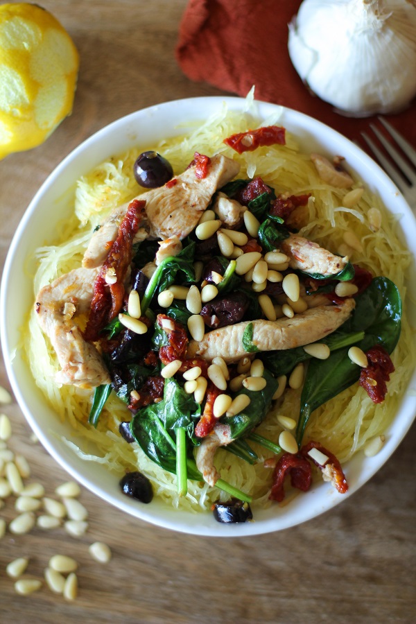 Greek-Style Spaghetti Squash with Chicken, Spinach, Kalamata Olives, and Sun-Dried Tomatoes