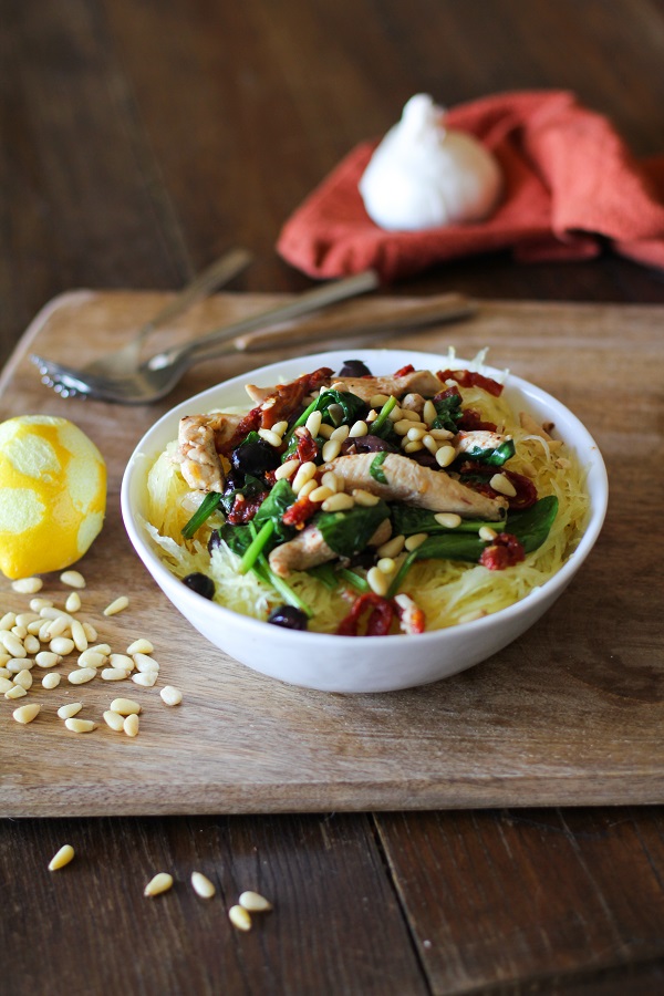 Greek-Style Spaghetti Squash with Chicken, Spinach, Kalamata Olives, and Sun-Dried Tomatoes