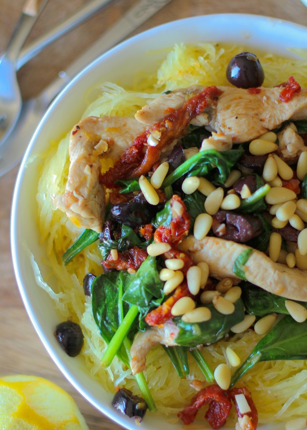 Greek-Style Spaghetti Squash with Chicken, Spinach, Kalamata Olives, and Sun-Dried Tomatoes
