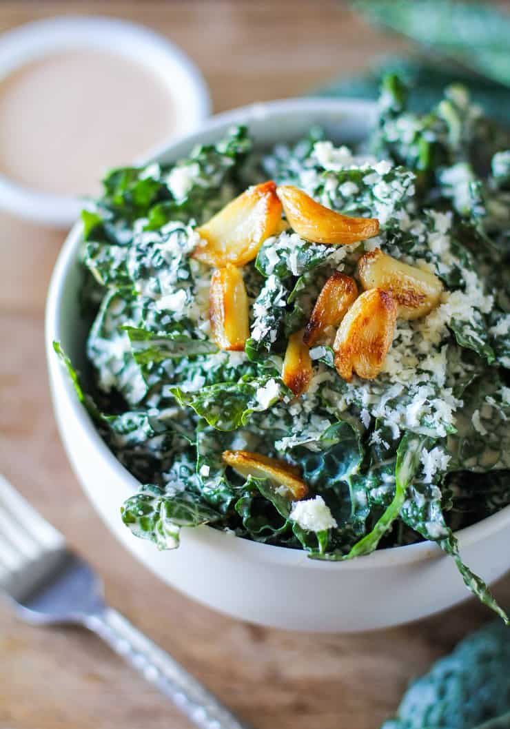 Spicy Kale Caesar Salad with Roasted Garlic