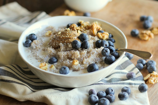 Superfood Blueberry Buckwheat Porridge with walnuts, chia seeds, almond butter, and coconut milk | theroastedroot.net #paleo #glutenfree #sugarfree #breakfast #recipe @bobsredmill @roastedroot