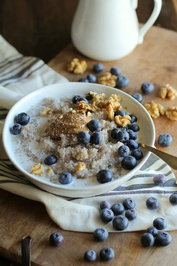 Superfood Blueberry Buckwheat Porridge with walnuts, chia seeds, almond butter, and coconut milk | theroastedroot.net #paleo #glutenfree #sugarfree #breakfast #recipe @bobsredmill @roastedroot