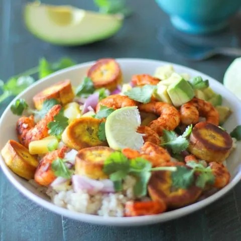Cuban Shrimp Bowls with Coconut Rice, Mango Salsa, and Fried Plantains