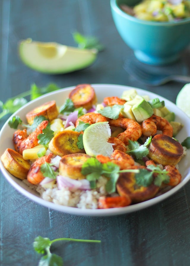 Cuban Shrimp Bowls with Coconut Rice, Mango Salsa, and Fried Plantains