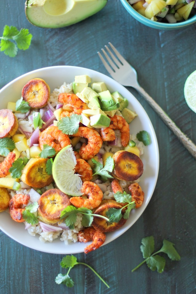 Cuban Shrimp Bowls with Coconut Rice, Mango Salsa, and Fried Plantains