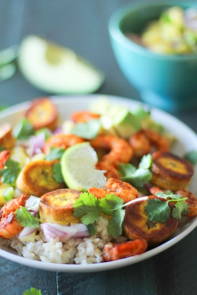 Cuban Shrimp Bowls with Coconut Rice, Mango Salsa, and Fried Plantains