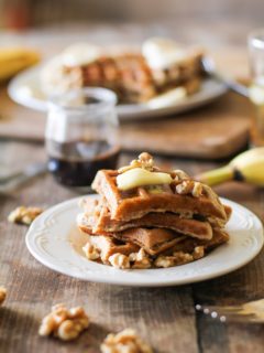 Banana Walnut Waffles with Cinnamon Bourbon Syrup (gluten-free and naturally sweetened)