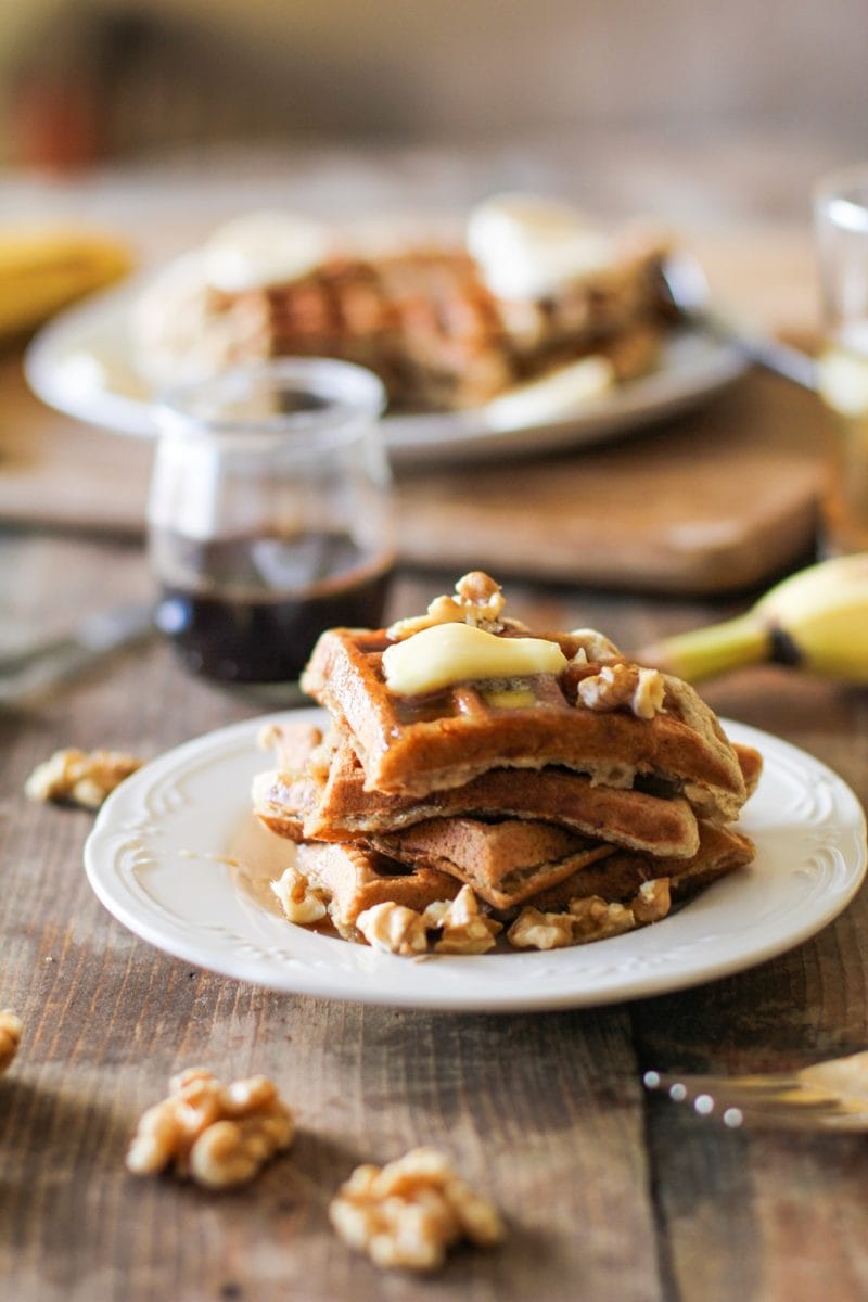 Banana Walnut Waffles with Cinnamon Bourbon Syrup (gluten-free and naturally sweetened)