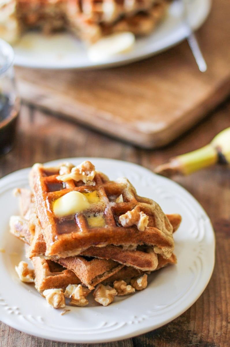 Gluten-Free Banana Waffles with cinnamon bourbon syrup. A delicious, gluten-free breakfast recipe