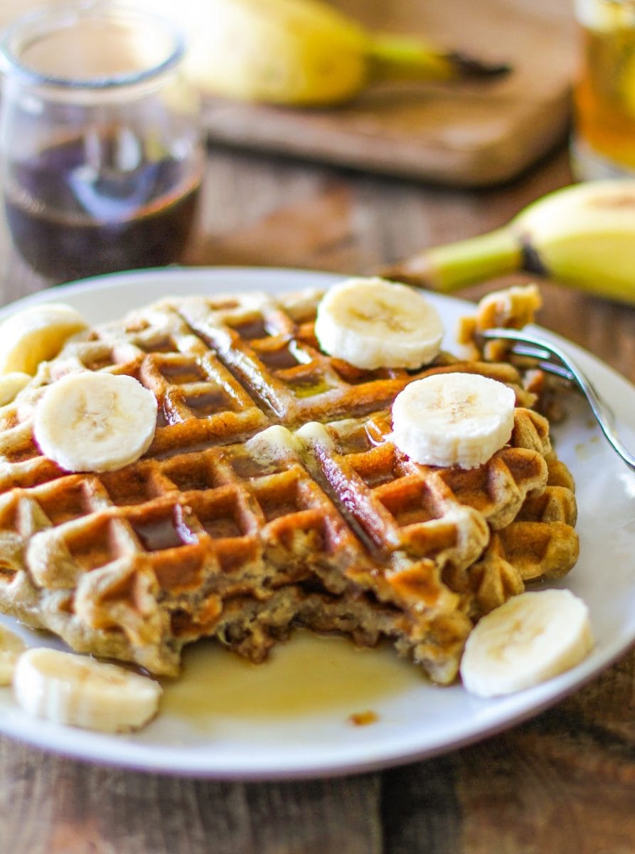 Banana Walnut Waffles with Cinnamon Bourbon Syrup (gluten-free and naturally sweetened)