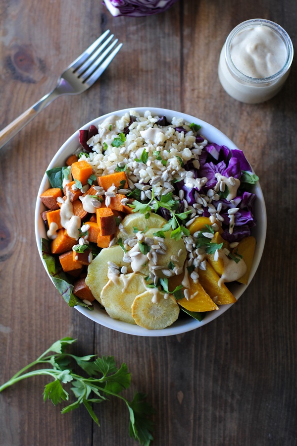 Roasted Root Vegetable Buddha Bowls with Maple Cinnamon 