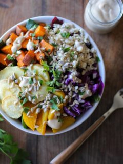 Roasted Root Vegetable Buddha Bowls with Maple Cinnamon Tahini Dressing | theroastedroot.net #vegan #recipe #eattherainbow