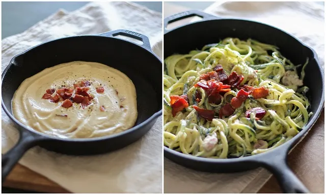 Dairy-Free Zucchini Carbonara - a healthful lightened up carbonara recipe made with cauliflower #glutenfree #dairyfree #paleo #zoodles