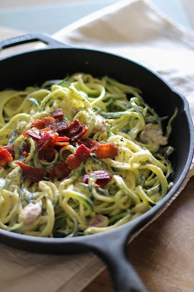 Dairy-Free Zucchini Carbonara - a healthful lightened up carbonara recipe made with cauliflower #glutenfree #dairyfree #paleo #zoodles