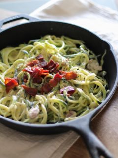 Dairy-Free Zucchini Carbonara - a healthful lightened up carbonara recipe made with cauliflower #glutenfree #dairyfree #paleo #zoodles