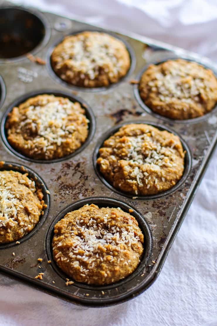 Grain-Free Carrot Cake Muffins (paleo) made with almond flour for a healthy breakfast or treat | TheRoastedRoot.com