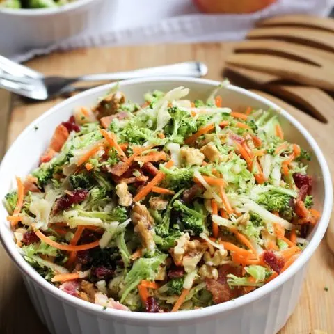 Grated Broccoli Salad with Carrots, Apples, and Warm Bacon Vinaigrette
