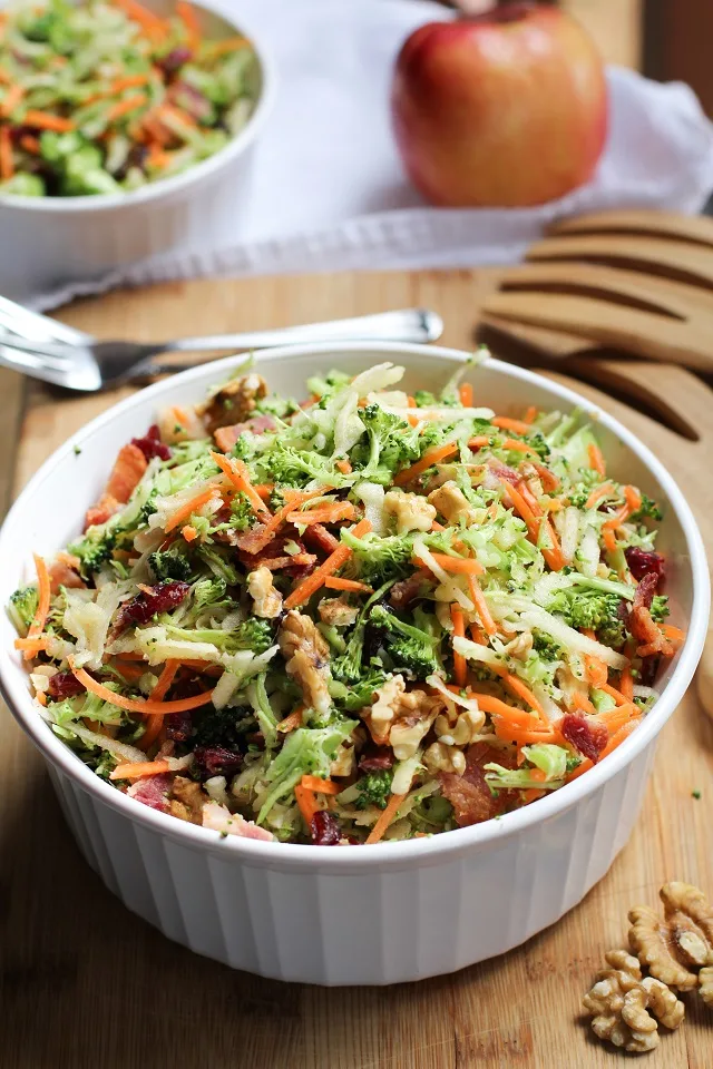 Grated Broccoli Salad with carrots, apples, dried cranberries, walnuts, and warm maple bacon vinaigrette. 