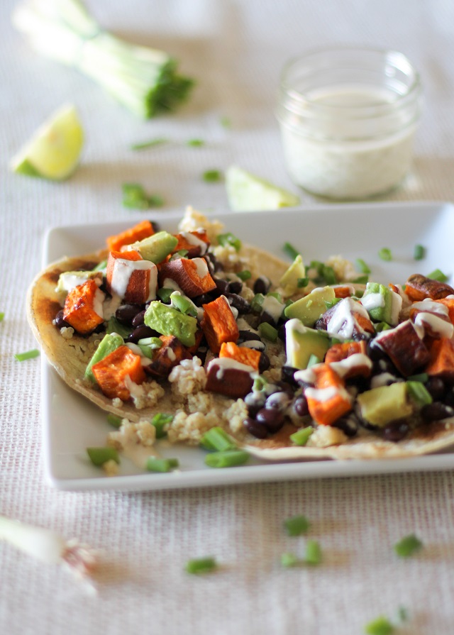 Sweet Potato, Black Bean, and Quinoa Tacos with Avocado and Lemon Tahini Sauce #vegetarian #vegan #meatlessmonday