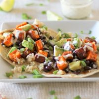 Sweet Potato, Black Bean, and Quinoa Tacos with Avocado and Lemon Tahini Sauce #vegetarian #vegan #meatlessmonday