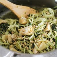 Turnip Pesto Pasta with Artichoke Hearts, Kale, and Pine Nuts - spiralize turnips for a comforting yet healthy meal! | theroastedroot.net #paleo #vegan #vegetarian #healthy #dinner #recipe @roastedroot