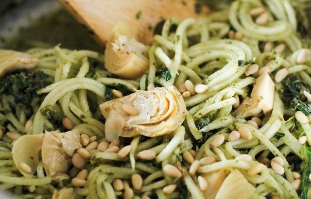 Turnip Pesto Pasta with Artichoke Hearts, Kale, and Pine Nuts - spiralize turnips for a comforting yet healthy meal! | theroastedroot.net #paleo #vegan #vegetarian #healthy #dinner #recipe @roastedroot