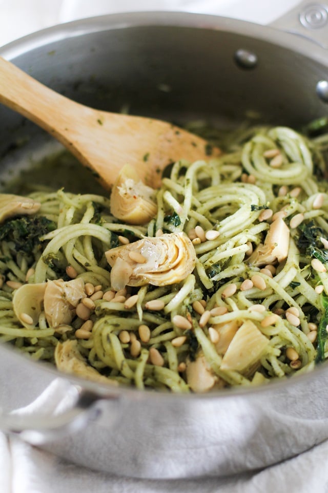 Turnip Pesto Pasta with Artichoke Hearts, Kale, and Pine Nuts - spiralize turnips for a comforting yet healthy meal! | theroastedroot.net #paleo #vegan #vegetarian #healthy #dinner #recipe @roastedroot