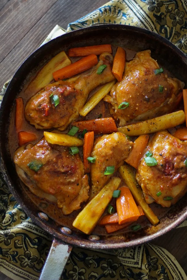 Coconut Harissa Curry Braised Chicken with Root Vegetables | theroastedroot.net #paleo #healthy #recipe