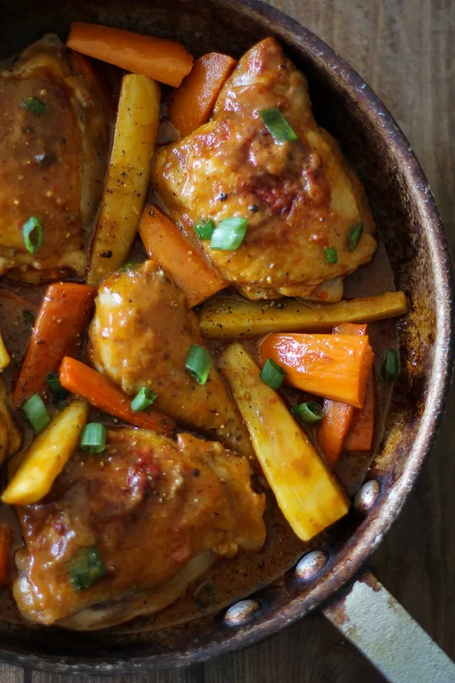 Coconut Harissa Curry Braised Chicken with Root Vegetables | theroastedroot.net #paleo #healthy #recipe