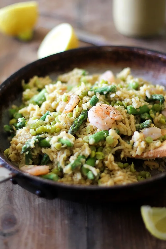 Parsnip Risotto with Chickpea Alfredo Sauce, Shrimp, Asparagus, and Split Peas | TheRoastedRoot.net Gluten free, dairy free, and healthy!