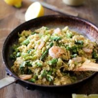 Parsnip Risotto with Chickpea Alfredo Sauce, Shrimp, Asparagus, and Split Peas | TheRoastedRoot.net Gluten free, dairy free, and healthy!