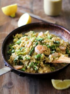 Parsnip Risotto with Chickpea Alfredo Sauce, Shrimp, Asparagus, and Split Peas | TheRoastedRoot.net Gluten free, dairy free, and healthy!