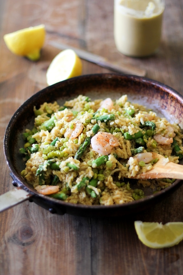 Parsnip Risotto with Chickpea Alfredo Sauce, Shrimp, Asparagus, and Split Peas | TheRoastedRoot.net Gluten free, dairy free, and healthy!